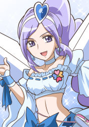 Rule 34 | 1girl, :d, aono miki, blue bow, blue eyes, bow, choker, collarbone, cure berry, detached sleeves, earrings, fresh precure!, hair ornament, hairband, hanzou, heart, heart hair ornament, heartcatch precure!, high ponytail, jewelry, long hair, looking at viewer, midriff, open mouth, parted bangs, precure, purple hair, ribbon trim, side ponytail, smile, solo, stomach, upper body, very long hair, white hairband