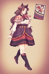 Rule 34 | 1girl, alternate costume, animal ears, black footwear, blush, boots, breasts, brown hair, capelet, cleavage, commentary, dress, english commentary, flower, hair flower, hair ornament, hanafuda, highres, imaizumi kagerou, knee boots, large breasts, long sleeves, looking at viewer, orz (kagewaka), red eyes, shoe flower, smile, solo, standing, touhou, wavy hair, wolf ears