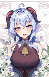 Rule 34 | 1girl, ahoge, artist name, bare shoulders, bell, blue hair, blush, bow, breasts, detached sleeves, flower, ganyu (genshin impact), genshin impact, gold trim, horns, long hair, looking at viewer, medium breasts, neck bell, open mouth, purple eyes, sidelocks, smile, solo, tempy (rinsia), upper body, white flower, white sleeves