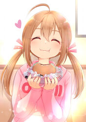Rule 34 | 1girl, ahoge, artist name, blush, brown hair, closed eyes, eating, facing viewer, food, gomasho asuka, happy, heart, highres, holding, holding food, indoors, lens flare, long sleeves, original, pink shirt, shirt, solo, twintails, upper body