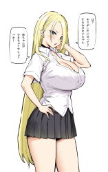 Rule 34 | 1girl, black choker, blonde hair, blue eyes, breasts, choker, cleavage, collared shirt, dress shirt, earrings, fang, grey skirt, hair behind ear, hand on own hip, highres, jewelry, large breasts, long hair, miniskirt, open mouth, original, partially unbuttoned, pleated skirt, rena (sky-freedom), school uniform, shirt, short sleeves, skirt, sky-freedom, standing, thighs, translation request, untucked shirt, very long hair, white shirt