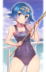 Rule 34 | 1girl, bare arms, blue eyes, blue hair, blue one-piece swimsuit, blush, breasts, bright pupils, cloud, commentary request, covered navel, cowboy shot, creatures (company), day, fence, fishing rod, freckles, game freak, hairband, highres, holding, holding fishing rod, lana (pokemon), looking at viewer, nintendo, no sclera, one-piece swimsuit, outdoors, parted lips, pokemon, pokemon sm, short hair, sky, solo, swimsuit, water, white pupils, yasu suupatenin, yellow hairband