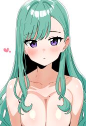 Rule 34 | 1girl, absurdres, blush, breasts, collarbone, dot nose, ear piercing, earrings, green hair, hair behind ear, heart, highres, iwano kenta, jewelry, large breasts, long hair, looking at viewer, mole, mole on breast, nude, parted lips, piercing, purple eyes, revision, simple background, solo, swept bangs, upper body, virtual youtuber, vspo!, white background, yakumo beni