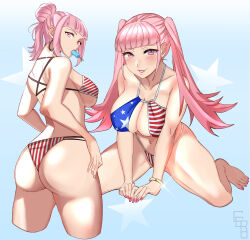Rule 34 | 1girl, american flag, american flag bikini, artist logo, ass, bikini, blush, bracelet, breasts, ceroccb, cleavage, earrings, female focus, fire emblem, fire emblem: three houses, flag print, food, food in mouth, fourth of july, from behind, highres, hilda valentine goneril, jewelry, large breasts, looking at viewer, matching hair/eyes, multiple views, nintendo, pink eyes, pink hair, pink nails, popsicle, popsicle in mouth, print bikini, smile, solo, star (symbol), swimsuit, thong, twintails, underboob