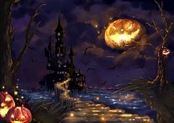 Rule 34 | bat (animal), castle, halloween, jack-o&#039;-lantern, night, night sky, no humans, original, pumpkin, scenery, sky, sukya, tree
