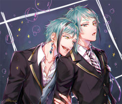 Rule 34 | 2boys, aqua hair, armband, black hair, black jacket, blazer, brothers, collarbone, collared shirt, colored eyelashes, dated, doro (sabarudoro), earrings, floyd leech, formal, gloves, hand on another&#039;s arm, head on another&#039;s shoulder, holding another&#039;s arm, jacket, jade leech, jewelry, leaning on person, long sleeves, looking at another, looking at viewer, male focus, multicolored hair, multiple boys, necktie, open clothes, open jacket, open mouth, partially unbuttoned, purple ribbon, ribbon, sharp teeth, shirt, siblings, sidelocks, sideways glance, smile, streaked hair, striped neckwear, suit, teeth, twins, twisted wonderland, upper body, vest, white shirt, yellow eyes