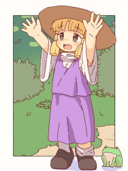 Rule 34 | 1girl, :d, \o/, arms up, blonde hair, blunt bangs, blunt tresses, blush, border, brown eyes, bush, frog, full body, grass, happy, hat, highres, kourin1219, medium hair, moriya suwako, open mouth, outdoors, outside border, outstretched arms, purple skirt, purple vest, skirt, skirt set, sleeves past elbows, smile, solo, standing, touhou, vest, white border, wide sleeves