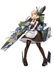Rule 34 | 1girl, absurdres, apron, bad id, bad pixiv id, blonde hair, brown pantyhose, camouflage, frills, high heels, highres, liu lan, maid, maid apron, maid headdress, military, military vehicle, necktie, pantyhose, renown (warship girls r), ship, simple background, smile, solo, turret, warship, warship girls r, watercraft, white background, yellow eyes