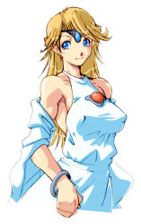 Rule 34 | 1girl, armpits, bangle, bare shoulders, blonde hair, blue dress, blue eyes, bracelet, breasts, capcom, circlet, covered erect nipples, detached sleeves, dress, female focus, halterneck, jewelry, large breasts, light smile, long hair, looking at viewer, lost worlds (game), medium breasts, no bra, qkat (arikawa-dou), simple background, smile, solo, standing, sylphie, upper body, white background