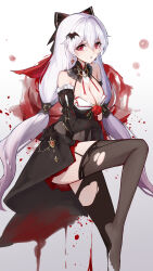 Rule 34 | 1girl, absurdres, arm under breasts, black dress, blood, blood from mouth, breasts, brown thighhighs, cleavage, commentary request, covered navel, dress, flower, gradient background, grey background, grey hair, hair between eyes, hair ornament, highres, honkai (series), honkai impact 3rd, k/a, long hair, theresa apocalypse (luna kindred), medium breasts, no shoes, parted lips, pleated skirt, red eyes, red flower, red rose, red skirt, rose, skirt, solo, theresa apocalypse, theresa apocalypse (lunar vow: crimson love), thighhighs, torn clothes, torn thighhighs, very long hair, white background