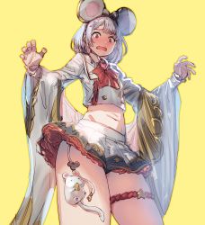 Rule 34 | 1girl, animal ears, black panties, blush, bow, bow (bhp), bowtie, brooch, collared shirt, cowboy shot, cropped shirt, d:, granblue fantasy, hairband, heart, heart brooch, jewelry, long sleeves, looking at viewer, medium hair, midriff, miniskirt, mouse (animal), mouse ears, navel, open mouth, panties, pantyshot, pleated skirt, red bow, red bowtie, red eyes, shirt, simple background, skirt, solo, standing, thigh strap, underwear, upskirt, vikala (granblue fantasy), white hair, white shirt, white skirt, wide sleeves, wing collar, yellow background