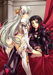 Rule 34 | 2girls, ar tonelico, ar tonelico ii, arm support, armor, ass, between legs, black hair, black legwear, blue eyes, blush, boots, braid, breastplate, breasts, cameltoe, clothing cutout, curtains, female focus, frottage, gloves, greaves, groin, hair ornament, hand on another&#039;s hip, headgear, highleg, highleg leotard, indoors, jakuri (ar tonelico), kneepits, leaning forward, leotard, light smile, long hair, long sleeves, looking at viewer, looking back, multicolored hair, multiple girls, nagayori, panties, pantyshot, pauldrons, purple eyes, red gloves, red hair, see-through, shiny clothes, shoulder armor, shurelia (ar tonelico), shy, sidelocks, sitting, small breasts, smile, straddling, streaked hair, striped, thigh boots, thigh grab, thigh straddling, thighhighs, twin braids, two-tone hair, underboob, underboob cutout, underwear, vambraces, vertical stripes, very long hair, white gloves, white hair, white legwear, yuri