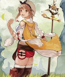 Rule 34 | 1girl, atelier (series), atelier ryza, atelier ryza 1, belt, blush, breasts, brown eyes, brown hair, cloud, cloudy sky, day, gloves, hair ornament, hairclip, hat, highres, holding, holding staff, jewelry, large breasts, looking at viewer, mountainous horizon, necklace, open mouth, outdoors, parted bangs, red shorts, reisalin stout, short shorts, shorts, simple background, single glove, sky, smile, solo, staff, standing, tecmo, thighhighs, thighs, white background, white hat, yoshio (55level)