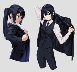 Rule 34 | 1girl, adjusting clothes, black hair, black jacket, black necktie, black pants, black suit, blue eyes, breasts, buttons, closed mouth, collared shirt, commentary, cowboy shot, cropped legs, cropped torso, dated commentary, dress shirt, expressionless, formal, from side, grey background, half updo, hibike! euphonium, highres, holding, holding clothes, holding jacket, jacket, kamo kamen, kousaka reina, long hair, long sleeves, looking at viewer, multiple views, necktie, pant suit, pants, ponytail, shirt, simple background, small breasts, straight hair, suit, upper body, waistcoat, white shirt, wing collar