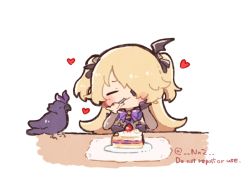 Rule 34 | bird, birthday, birthday cake, blonde hair, blush, cake, chibi, closed eyes, commentary, eating, eyepatch, fischl (genshin impact), food, genshin impact, hair over one eye, hand on own cheek, hand on own face, heart, holding, long hair, nnz, oz (genshin impact), plate, simple background, smile, symbol-only commentary, twitter username, two side up, white background