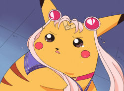 Rule 34 | 1other, bishoujo senshi sailor moon, brown eyes, choker, commentary, cosplay, creatures (company), derivative work, diadem, flabebabe, game freak, gen 1 pokemon, looking to the side, meme, nintendo, parody, parted lips, pikachu, platinum blonde hair, pokemon, red choker, sailor moon redraw challenge (meme), screenshot redraw, solo, sweatdrop, tsukino usagi, tsukino usagi (cosplay), twintails, v-shaped eyebrows, what