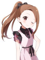 Rule 34 | 1girl, absurdres, alternate hairstyle, black border, border, bow, brown eyes, brown hair, buchi (y0u0ri ), closed mouth, collared dress, dress, hair bow, hair up, hand on own hip, head tilt, highres, idolmaster, idolmaster (classic), long hair, looking at viewer, minase iori, one eye closed, pink dress, ponytail, simple background, sleeveless, sleeveless dress, smile, solo, standing, upper body, white background