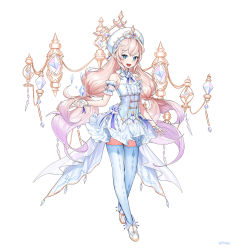 Rule 34 | 1girl, :d, bare shoulders, blonde hair, blue eyes, center frills, corset, crossed legs, dress, elsword, frills, full body, highres, long hair, looking at viewer, low twintails, luciela r. sourcream, open mouth, pointy ears, ppower (lu power), simple background, sleeveless, sleeveless dress, smile, solo, thighhighs, twintails, very long hair, watson cross, white background, white footwear, zettai ryouiki