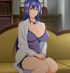 Rule 34 | 1girl, black skirt, blue hair, breasts, cleavage, couch, huge breasts, jewelry, lab coat, long hair, maken-ki!, maken-ki! two, necklace, nijou aki, open mouth, pink eyes, screencap, sitting, skirt, stitched, takami akio, thighs, third-party edit