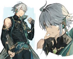 Rule 34 | 1boy, alhaitham (genshin impact), asymmetrical hair, bare shoulders, black pants, blue eyes, covering own mouth, detached sleeves, genshin impact, grey hair, hair over one eye, hand over own mouth, hashibiro kou (garapiko p), highres, jewelry, long sleeves, looking at viewer, male focus, muscular, open mouth, pants, parted lips, ring, short hair