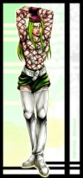 Rule 34 | 1boy, arms up, boots, character name, doily, fishnet pantyhose, fishnet top, fishnets, full body, green hair, hat, highres, horned hat, jojo no kimyou na bouken, long hair, metamin (memethah), miniskirt, narciso anasui, official style, pantyhose, skirt, solo, standing, stone ocean, thigh boots, thighhighs, white thighhighs, zoom layer