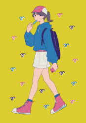 Rule 34 | 1girl, absurdres, backpack, bag, baseball cap, blue hoodie, blue socks, brown hair, cellphone, commentary request, drawstring, food, from side, full body, hat, highres, holding, holding food, holding phone, hood, hood down, hoodie, long hair, long sleeves, original, phone, pink eyes, pink footwear, pink hat, ponytail, popsicle, shi oo, shoes, shorts, simple background, smartphone, sneakers, socks, solo, walking, white shorts, yellow background