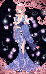 Rule 34 | 1girl, adapted costume, aoshima, breast lift, breasts, bug, butterfly, cherry blossoms, dress, female focus, folding fan, geta, ghost, hand fan, highres, hitodama, insect, japanese clothes, kimono, large breasts, no bra, no headwear, okobo, one eye closed, petals, pink eyes, pink hair, saigyouji yuyuko, sandals, side slit, solo, touhou, triangular headpiece, wide sleeves, wink