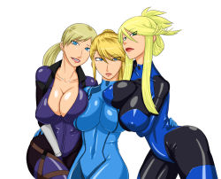 Rule 34 | 3girls, arm around waist, asymmetrical docking, between legs, blonde hair, blue eyes, bodysuit, breast hold, breast press, breast rest, breasts, capcom, cleavage, collarbone, covered collarbone, covered erect nipples, covered navel, cowboy shot, crossover, eyes visible through hair, female focus, flipped hair, folded ponytail, girl sandwich, green eyes, grin, hair between eyes, hair over one eye, hand between legs, head tilt, high ponytail, hug, huge breasts, impossible bodysuit, impossible clothes, jill valentine, large breasts, leaning forward, leotard, lilith-izm05 -tairyou shasei hen-, lilith-soft, lips, lipstick, long hair, look-alike, looking at viewer, low ponytail, makeup, metroid, metroid: other m, ml, mole, mole under mouth, multiple crossover, multiple girls, nintendo, no bra, ponytail, red lips, resident evil, resident evil 5, samus aran, sandwiched, serious, shinigami (kari) gaiden, shiny clothes, short hair with long locks, sidelocks, simple background, skin tight, smile, standing, swept bangs, taimanin (series), taimanin asagi, thigh strap, thighs, touko von messerschmitt, turtleneck, white background, zero suit