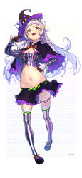 Rule 34 | 1girl, absurdres, artist name, bad id, bad pixiv id, black capelet, black footwear, black gloves, black hat, blunt bangs, breasts, capelet, collared shirt, cropped shirt, full body, gloves, hair ornament, hand on own hip, hand up, hat, hexagram hair ornament, highres, hololive, long hair, long sleeves, looking at viewer, midriff, miniskirt, murasaki shion, murasaki shion (1st costume), navel, nonca, open mouth, pinstripe legwear, pinstripe pattern, pinstripe shirt, purple shirt, purple thighhighs, shirt, silver hair, simple background, skirt, small breasts, solo, standing, stomach, striped clothes, striped thighhighs, thighhighs, thighlet, two-tone legwear, vertical stripes, virtual youtuber, white thighhighs, witch, witch hat, yellow eyes