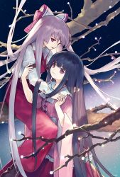 Rule 34 | 2girls, ainy, bad id, bad twitter id, black hair, bow, branch, closed mouth, fingers together, fujiwara no mokou, hair bow, hime cut, houraisan kaguya, in tree, japanese clothes, jpeg artifacts, long hair, long skirt, multiple girls, open mouth, pants, red eyes, red pants, red skirt, ribbon, shirt, sitting, sitting in tree, skirt, sleeves past wrists, smile, suspenders, touhou, tree, very long hair, white hair, white shirt, wide sleeves