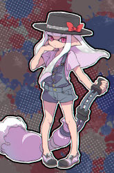 Rule 34 | 1girl, bad id, bad pixiv id, black hat, bow, calligraphy brush, coveralls, cross-laced footwear, hand in own hair, hat, hat bow, holding, holding weapon, inkbrush (splatoon), inkling, inkling girl, inkling player character, kitaru (mabo f), light frown, long hair, nintendo, overall shorts, overalls, paintbrush, pointy ears, print shirt, purple eyes, purple footwear, purple hair, purple shirt, red bow, shirt, shoes, short coveralls, short sleeves, sidelocks, solo, splatoon (series), splatoon 2, strap slip, t-shirt, tentacle hair, weapon
