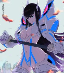 Rule 34 | 10s, 1girl, bad id, bad pixiv id, bakuzan, black hair, blue eyes, boots, breasts, character name, cleavage, cleavage cutout, clothing cutout, evil smile, hair ornament, highres, junketsu, kill la kill, kiryuuin satsuki, large breasts, moke-re-mubenbe, navel, revealing clothes, sheath, smile, solo, suspenders, sword, thigh boots, thighhighs, translated, unsheathing, weapon