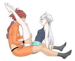 Rule 34 | 2girls, bodysuit, dark-skinned female, dark skin, eye contact, feet, grey hair, gundam, gundam suisei no majo, hand on another&#039;s leg, hand on another&#039;s thigh, highres, hip vent, legs up, long hair, looking at another, low ponytail, miorine rembran, multiple girls, orange bodysuit, parted lips, qehhha, red hair, suletta mercury, toes, yuri