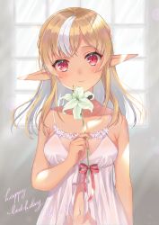 Rule 34 | 1girl, absurdres, babydoll, bare arms, bare shoulders, blonde hair, blush, breasts, character name, closed mouth, collarbone, dark-skinned female, dark skin, elf, flower, happy birthday, highres, holding, holding flower, hololive, huge filesize, indoors, kabi akaru, lily (flower), lingerie, looking at viewer, multicolored hair, navel, pointy ears, red eyes, red ribbon, ribbon, shiranui flare, small breasts, smile, solo, streaked hair, two-tone hair, underwear, underwear only, virtual youtuber, white hair, window