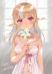 1girl absurdres babydoll bare_arms bare_shoulders blonde_hair blush breasts character_name closed_mouth collarbone dark-skinned_female dark_skin elf flower happy_birthday highres holding holding_flower hololive huge_filesize indoors kabi_akaru lily_(flower) lingerie looking_at_viewer multicolored_hair navel pointy_ears red_eyes red_ribbon ribbon shiranui_flare small_breasts smile solo streaked_hair two-tone_hair underwear underwear_only virtual_youtuber white_hair window