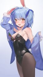 Rule 34 | 1girl, absurdres, animal ear fluff, animal ears, arm up, bare shoulders, black leotard, blue hair, blue jacket, blue ribbon, blush, breasts, brown pantyhose, cleavage, covered navel, cowboy shot, fur trim, gradient background, hair ribbon, highleg, highleg leotard, highres, holding, hololive, jacket, jmao, leotard, long sleeves, looking at viewer, off shoulder, open clothes, open jacket, open mouth, orange eyes, pantyhose, playboy bunny, rabbit ears, rabbit girl, rabbit tail, ribbon, simple background, small breasts, smile, solo, standing, strapless, strapless leotard, tail, thick eyebrows, two side up, usada pekora, usada pekora (1st costume), usada pekora (casual), virtual youtuber, white background