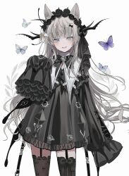 Rule 34 | 1girl, animal ears, black bow, black dress, black thighhighs, bow, bug, butterfly, cat ears, cat girl, chiemo (xcem), cropped legs, cross-laced clothes, cross-laced sleeves, dress, fang, flower, frilled dress, frilled sleeves, frills, grey eyes, grey hair, hair flower, hair ornament, headdress, highres, insect, lolita fashion, long hair, long sleeves, looking at viewer, open mouth, original, see-through, sleeves past fingers, sleeves past wrists, smile, thighhighs, white background