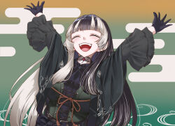 Rule 34 | 1girl, arms up, ascot, black ascot, black gloves, black hair, blunt bangs, blush, breasts, capelet, choker, closed eyes, commentary request, dress, gloves, gothic lolita, green capelet, green dress, grey hair, happy, highres, hololive, hololive dev is, juufuutei raden, korutesu, lace, lace choker, lolita fashion, long hair, medium breasts, multicolored hair, open mouth, sidelocks, smile, solo, teeth, two-tone hair, upper body, upper teeth only, virtual youtuber