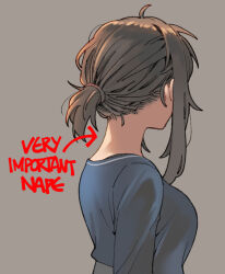 Rule 34 | 1girl, alternate costume, arrow (symbol), blue shirt, breasts, brown hair, english text, ergot, from behind, fubuki (kancolle), grey background, kantai collection, large breasts, nape, neck, ponytail, shirt, short ponytail, simple background, solo, upper body
