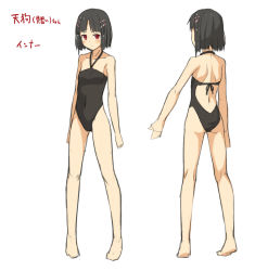 Rule 34 | 1girl, bad id, bad pixiv id, bare shoulders, black hair, kinta (distortion), looking at viewer, multiple views, one-piece swimsuit, original, red eyes, short hair, simple background, swimsuit, translation request, white background