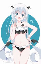 Rule 34 | 1girl, bare arms, bare shoulders, bikini, black bikini, black wings, blue background, blue eyes, blush, collarbone, commentary request, hair between eyes, hand on own hip, hand up, heart, highres, index finger raised, long hair, low wings, mini wings, navel, open mouth, original, resolution mismatch, solo, source larger, swimsuit, tantan men (dragon), two-tone background, very long hair, white background, white hair, wings