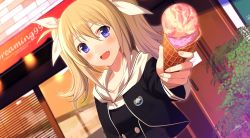Rule 34 | 1girl, :d, arimura hinae, blonde hair, blue eyes, chaos;child, collarbone, dutch angle, fang, food, hair between eyes, hair ribbon, holding, holding food, ice cream, long hair, open mouth, outdoors, outstretched arm, ribbon, sahuyaiya, smile, solo, twintails, white ribbon