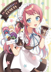 Rule 34 | 1girl, alternate costume, alternate hairstyle, apron, bliss (ferment factory), blue eyes, blush, box, breasts, commentary, cup, dessert, disposable cup, doughnut, dress, drink, food, frappuccino, frilled dress, frilled shirt collar, frills, gloves, hair ribbon, highres, holding, holding box, holding cup, holding drink, holding food, ice cream, ice cream float, long hair, looking at viewer, maid, maid apron, maid headdress, minamoto sakura, neck ribbon, open mouth, red hair, ribbon, romero (zombie land saga), side ahoge, smile, solo, striped, striped background, symbol-only commentary, twintails, whipped cream, white gloves, zombie land saga
