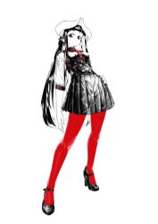 Rule 34 | 1girl, animal ears, black footwear, breasts, closed mouth, commentary request, full body, hand on own hip, high heels, highres, horns, jaco, long hair, looking at viewer, monochrome, original, pantyhose, pleated skirt, puffy short sleeves, puffy sleeves, red eyes, red pantyhose, shoes, short sleeves, simple background, skirt, small breasts, solo, standing, very long hair, vest, white background