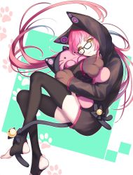 Rule 34 | 1girl, animal hands, animal hood, bell, black legwear, cat hood, closed mouth, commission, geta (epicure no12), glasses, highres, hood, long hair, long sleeves, looking at viewer, original, paw print, pink hair, skeb commission, solo, stuffed animal, stuffed toy, tail, tail ornament, yellow eyes