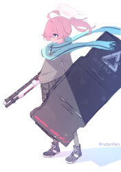 Rule 34 | 1girl, ahoge, black footwear, blue archive, blue eyes, blue scarf, closed mouth, from side, full body, grey skirt, gun, hair between eyes, halo, highres, holding, holding gun, holding weapon, hoshino (blue archive), hoshino (young) (blue archive), long hair, long sleeves, pink hair, plaid, plaid skirt, pleated skirt, ponytail, ruten (onakasukusuku), scarf, shield, shirt, shoes, shotgun, simple background, skirt, sneakers, solo, standing, twitter username, weapon, white background
