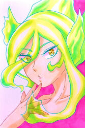 Rule 34 | 1girl, artist request, bare shoulders, boku no hero academia, burnin (boku no hero academia), claws, collarbone, crazy eyes, expressionless, eyelashes, eyes visible through hair, female focus, fiery hair, fingers to mouth, fire, gradient hair, green fire, green hair, hair between eyes, hair over breasts, hairband, hand up, highres, kamiji moe, long bangs, long hair, looking at viewer, mask, multicolored hair, neck, no bra, parted lips, ponytail, portrait, sidelocks, spread fingers, standing, topless frame, two-tone background, unworn hairband, unworn mask, upper body, wide ponytail, yellow eyes