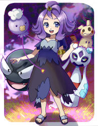 Rule 34 | 1girl, :d, acerola (pokemon), armlet, balloon, blue eyes, breasts, cloud, collarbone, colored sclera, costume, creatures (company), dress, drifloon, elite four, eyelashes, fangs, fingernails, flipped hair, froslass, full body, game freak, gastly, gen 1 pokemon, gen 4 pokemon, hair ornament, heart, highres, holding, holding poke ball, ice, looking at viewer, looking away, looking to the side, nintendo, on head, open mouth, outline, pikachu costume, poke ball, poke ball (basic), pokemon, pokemon (creature), pokemon on head, pokemon sm, purple eyes, purple hair, purple theme, sandals, short hair, short sleeves, small breasts, smile, standing, stitches, tareme, teeth, tongue, topknot, torn clothes, torn dress, torn sleeves, trial captain, yellow sclera, yu (mekeneko1998)