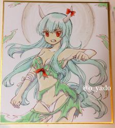 Rule 34 | armpits, bandages, bow, breasts, cleavage, collarbone, contrapposto, cowboy shot, dress, ex-keine, green dress, green hair, highres, horn ornament, horn ribbon, horns, kamishirasawa keine, long hair, midriff, moon, navel, panties, red bow, red eyes, red ribbon, ribbon, solo, stomach, tail, torn clothes, touhou, traditional media, twitter username, underwear, very long hair, white panties, yadoyuki