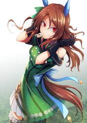 Rule 34 | 1girl, animal ears, ashiroku (miracle hinacle), black gloves, breasts, brown hair, buttons, dress, ear covers, gloves, green dress, highres, horse ears, horse girl, horse tail, king halo (umamusume), layered dress, looking at viewer, medium hair, off shoulder, red eyes, smile, solo, tail, umamusume